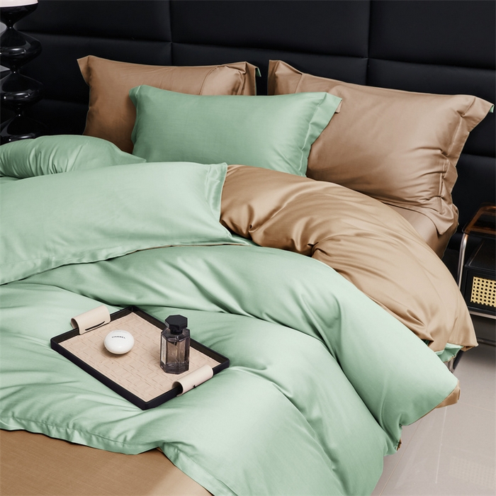 91家纺网 家纺一手货源 找家纺 顾家家居 2024新款兰精天丝棉磨毛双拼四件套 碧绿+拿铁