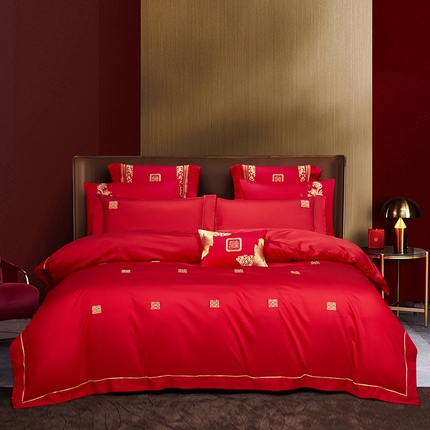 蒂爵 2025新款婚庆长绒棉时尚小红书爆款刺绣婚庆四件套多件套-无提花款 福喜双至