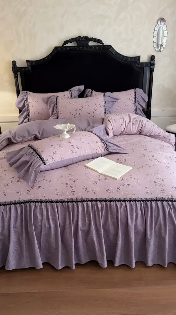 91家纺网 家纺一手货源 找家纺 富米莱（原臻工厂） 2025新款法式复古水洗亚麻花边高端床盖床单四件套 法式-紫嫣