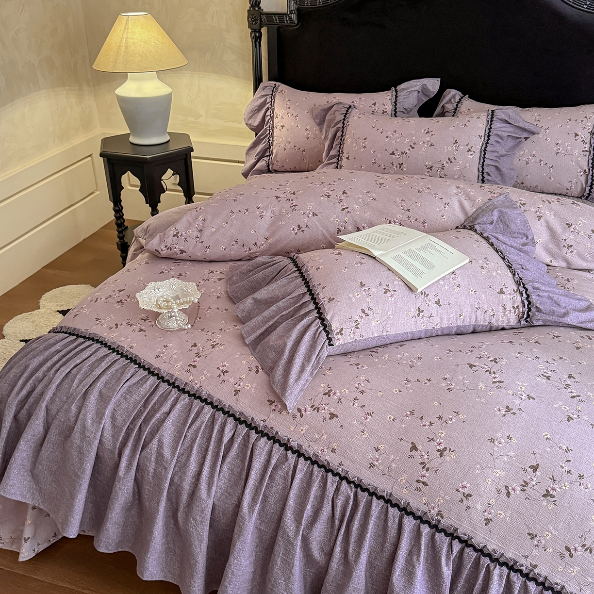 91家纺网 家纺一手货源 找家纺 富米莱（原臻工厂） 2025新款法式复古水洗亚麻花边高端床盖床单四件套 法式-紫嫣