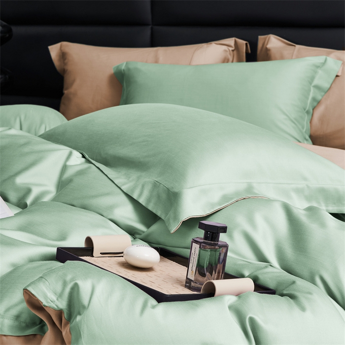 91家纺网 家纺一手货源 找家纺 顾家家居 2024新款兰精天丝棉磨毛双拼四件套 碧绿+拿铁