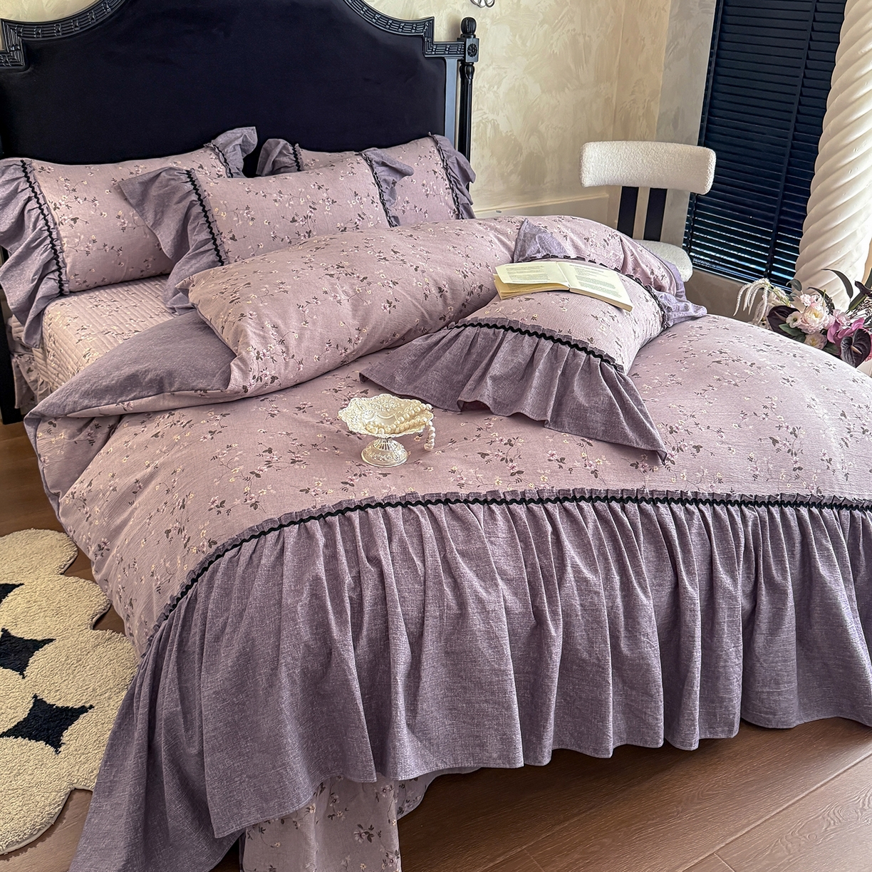 91家纺网 家纺一手货源 找家纺 富米莱（原臻工厂） 2025新款法式复古水洗亚麻花边高端床盖床单四件套 法式-紫嫣