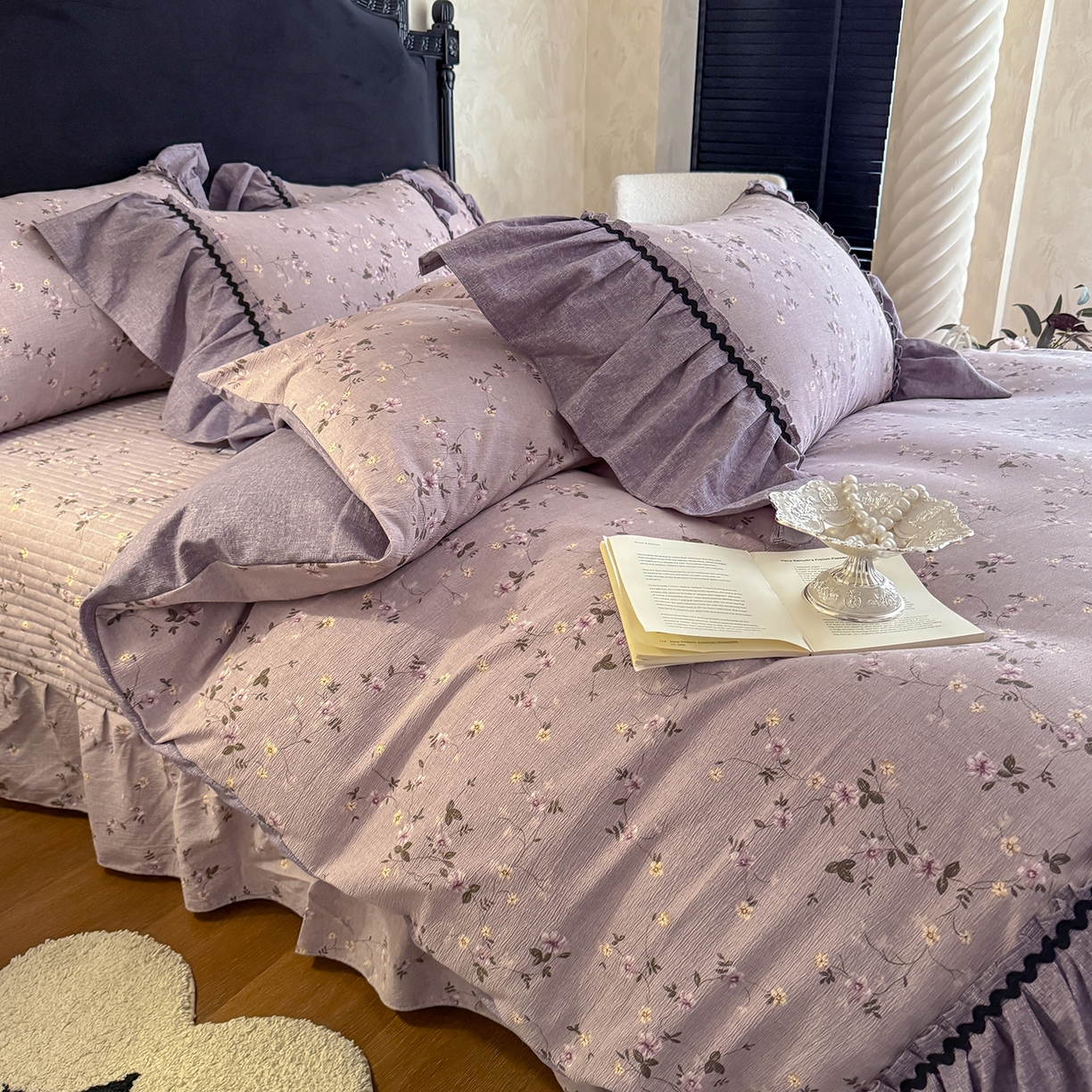 91家纺网 家纺一手货源 找家纺 富米莱（原臻工厂） 2025新款法式复古水洗亚麻花边高端床盖床单四件套 法式-紫嫣