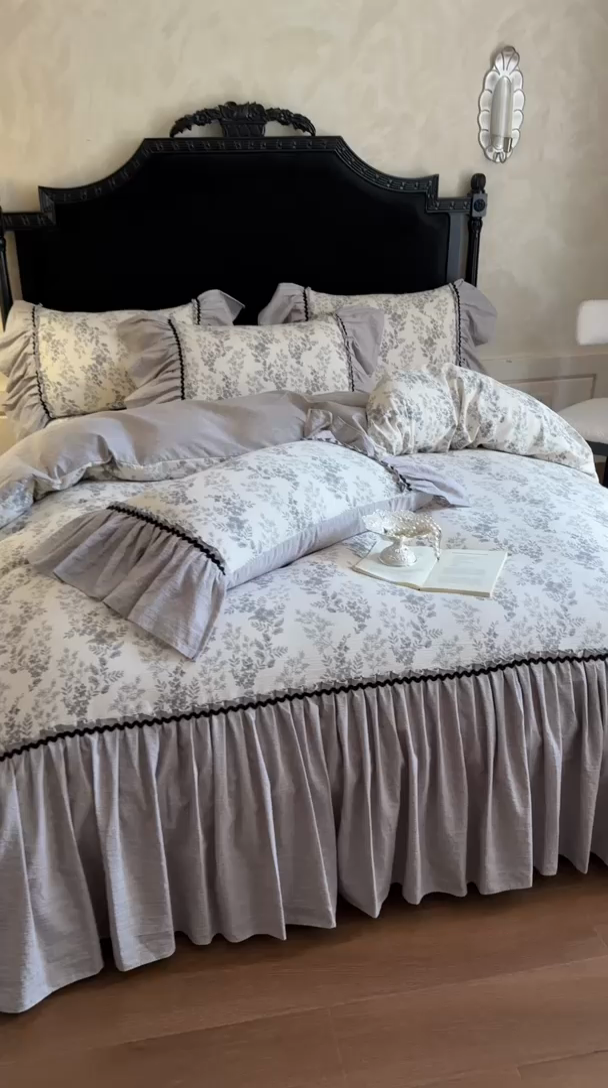 91家纺网 家纺一手货源 找家纺 （总）富米莱（原臻工厂） 2025新款法式复古水洗亚麻花边高端床盖床单四件套