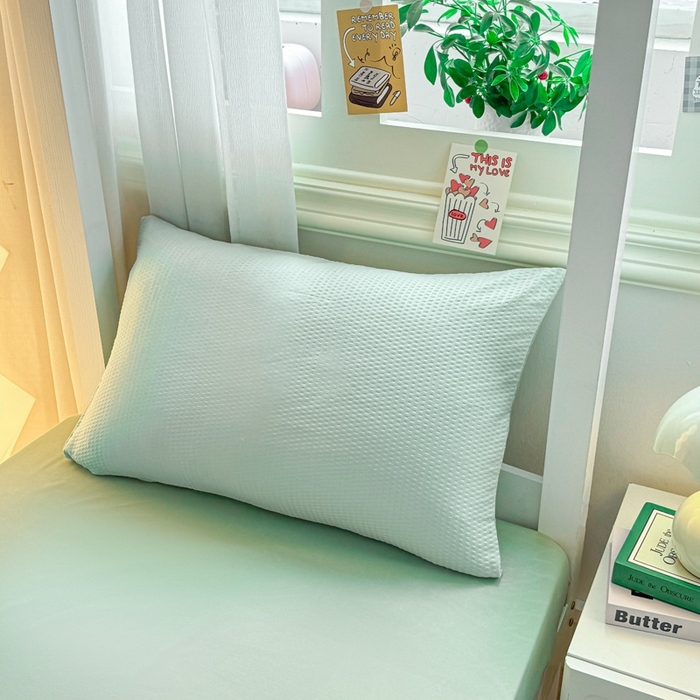 91家纺网 家纺一手货源 找家纺 麒东家纺 2025新款圆豆纱华夫格学生三件套 绿色