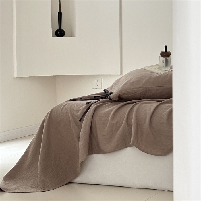 91家纺网 家纺一手货源 找家纺 FORTWO家纺原创设计（FOR TWO家纺） 2025新款双层纱撞色包边蝴蝶结款四件套-海盐 海盐-黑巧