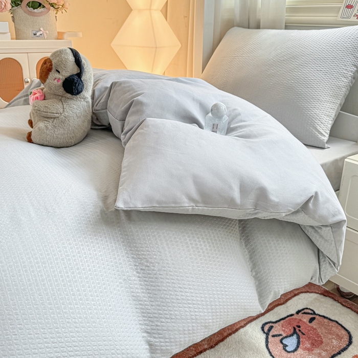 91家纺网 家纺一手货源 找家纺 麒东家纺 2025新款圆豆纱华夫格学生三件套 灰色