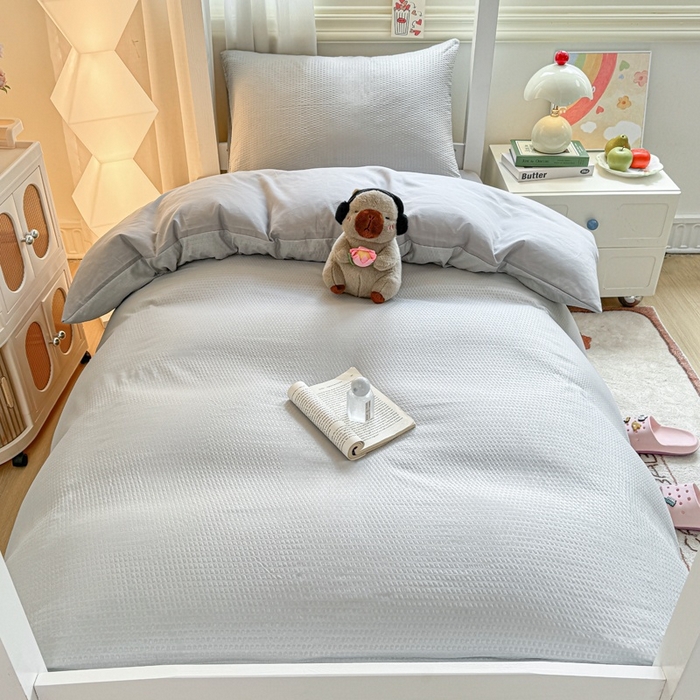 91家纺网 家纺一手货源 找家纺 麒东家纺 2025新款圆豆纱华夫格学生三件套 灰色