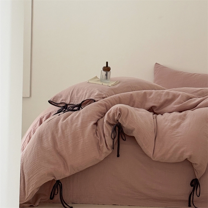 91家纺网 家纺一手货源 找家纺 FORTWO家纺原创设计（FOR TWO家纺） 2025新款双层纱撞色包边蝴蝶结款四件套-海盐 海盐-红茶