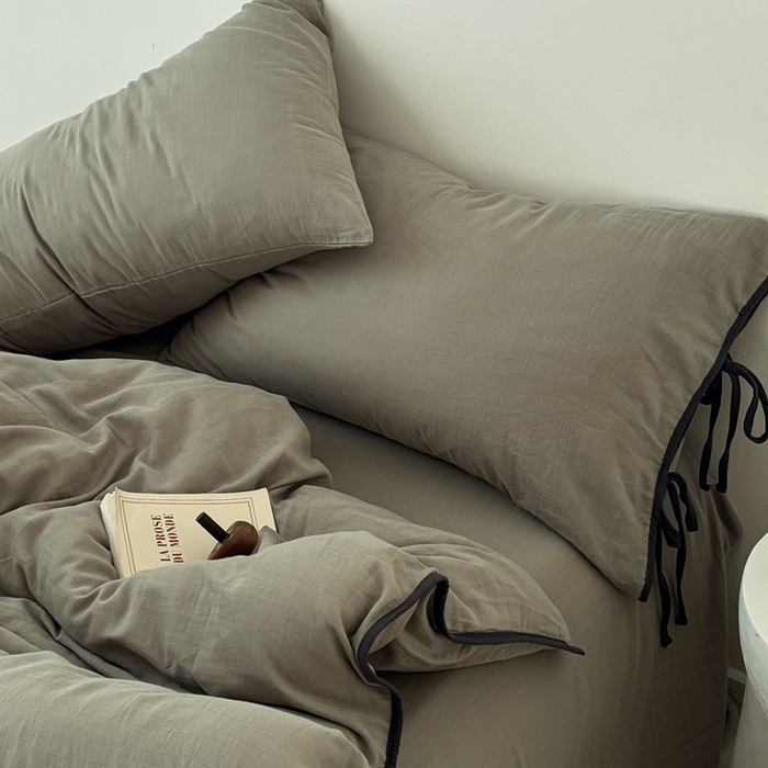 91家纺网 家纺一手货源 找家纺 FORTWO家纺原创设计（FOR TWO家纺） 2025新款双层纱撞色包边蝴蝶结款四件套-海盐 海盐-青石绿