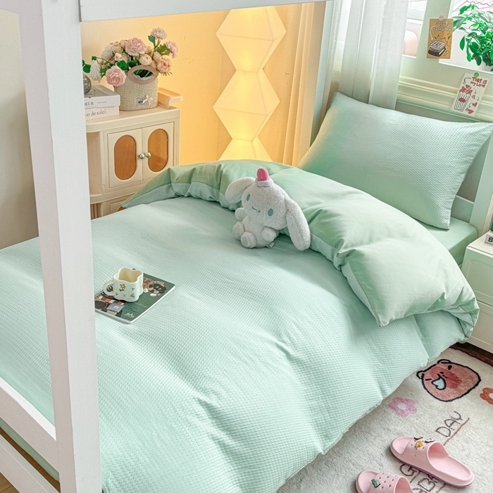 91家纺网 家纺一手货源 找家纺 麒东家纺 2025新款圆豆纱华夫格学生三件套 绿色