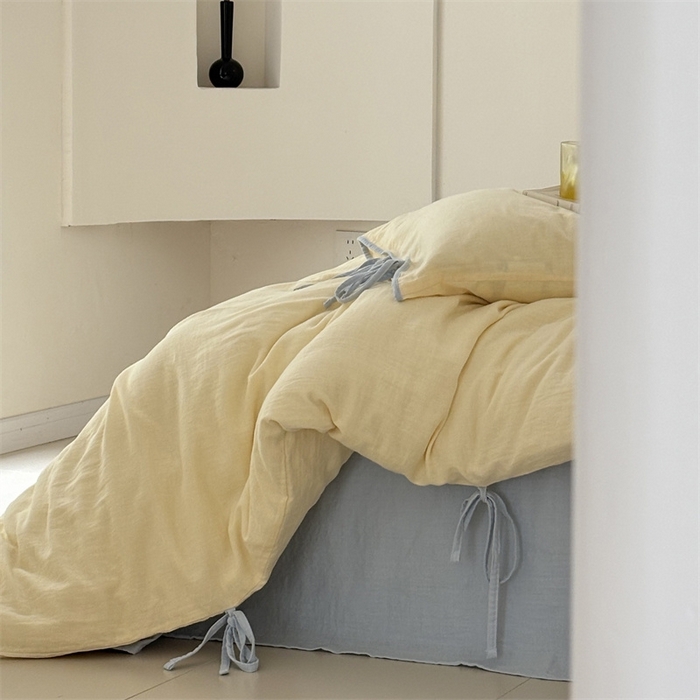 91家纺网 家纺一手货源 找家纺 FORTWO家纺原创设计（FOR TWO家纺） 2025新款双层纱撞色包边蝴蝶结款四件套-海盐 海盐-香草黄