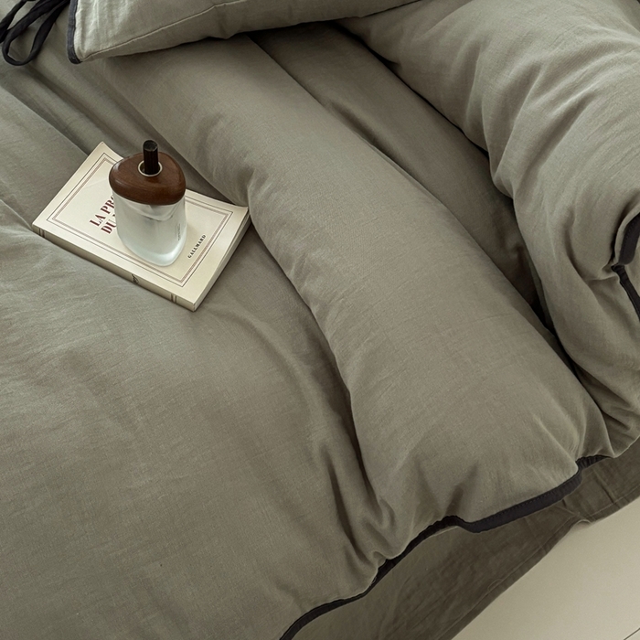 91家纺网 家纺一手货源 找家纺 FORTWO家纺原创设计（FOR TWO家纺） 2025新款双层纱撞色包边蝴蝶结款四件套-海盐 海盐-青石绿