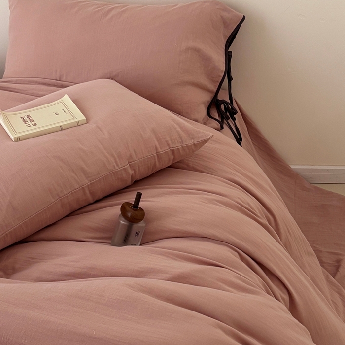 91家纺网 家纺一手货源 找家纺 FORTWO家纺原创设计（FOR TWO家纺） 2025新款双层纱撞色包边蝴蝶结款四件套-海盐 海盐-红茶