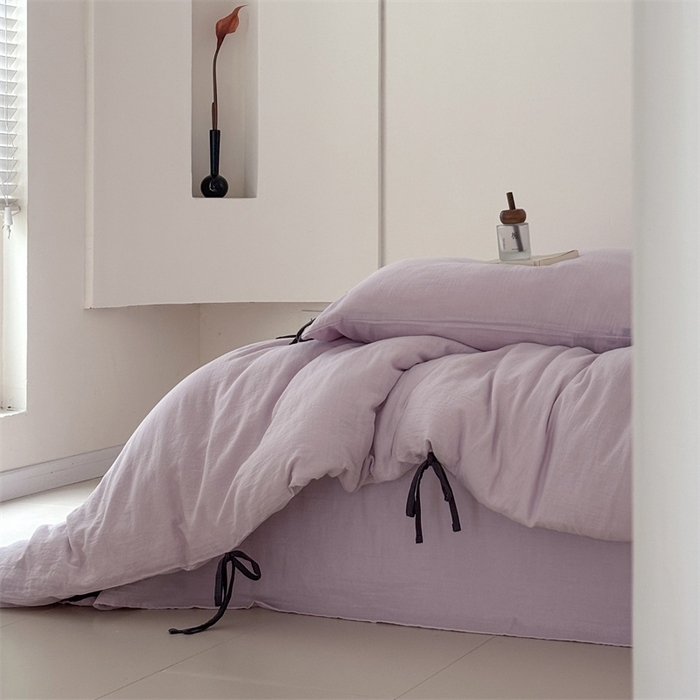 91家纺网 家纺一手货源 找家纺 FORTWO家纺原创设计（FOR TWO家纺） 2025新款双层纱撞色包边蝴蝶结款四件套-海盐 海盐-樱落紫