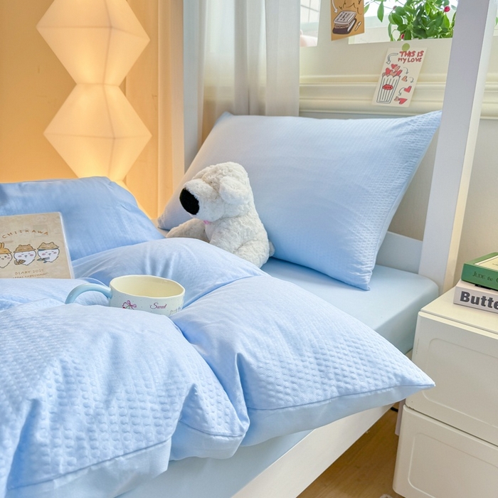 91家纺网 家纺一手货源 找家纺 麒东家纺 2025新款圆豆纱华夫格学生三件套 蓝色