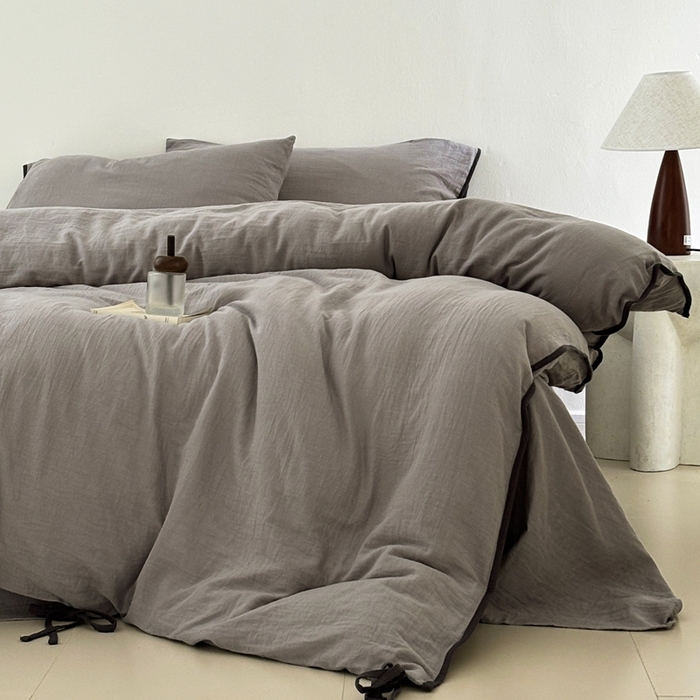 91家纺网 家纺一手货源 找家纺 FORTWO家纺原创设计（FOR TWO家纺） 2025新款双层纱撞色包边蝴蝶结款四件套-海盐 海盐-冰川灰