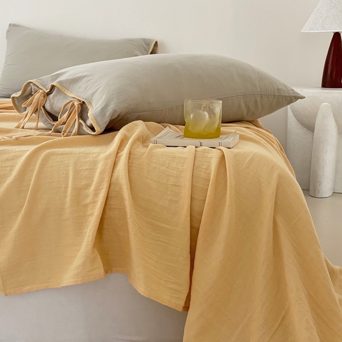 91家纺网 家纺一手货源 找家纺 FORTWO家纺原创设计（FOR TWO家纺） 2025新款双层纱撞色包边蝴蝶结款四件套-海盐 海盐-蜜豆绿