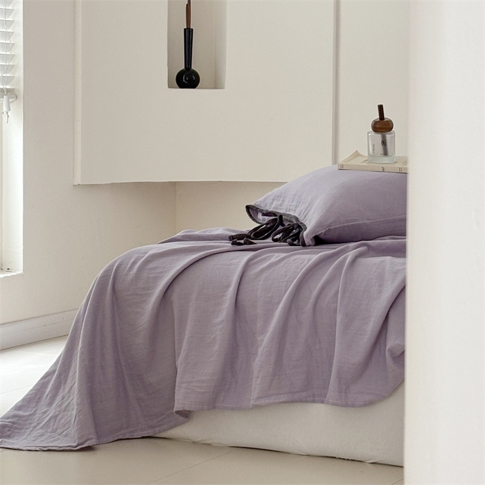 91家纺网 家纺一手货源 找家纺 FORTWO家纺原创设计（FOR TWO家纺） 2025新款双层纱撞色包边蝴蝶结款四件套-海盐 海盐-木槿紫