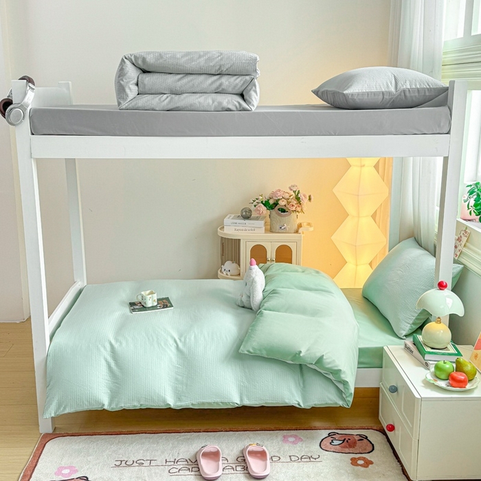 91家纺网 家纺一手货源 找家纺 麒东家纺 2025新款圆豆纱华夫格学生三件套 绿色