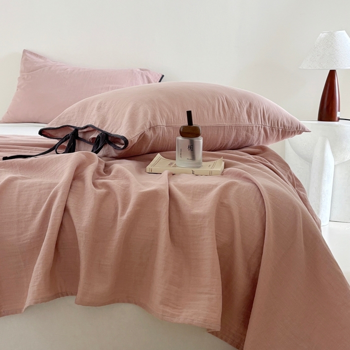 91家纺网 家纺一手货源 找家纺 FORTWO家纺原创设计（FOR TWO家纺） 2025新款双层纱撞色包边蝴蝶结款四件套-海盐 海盐-红茶