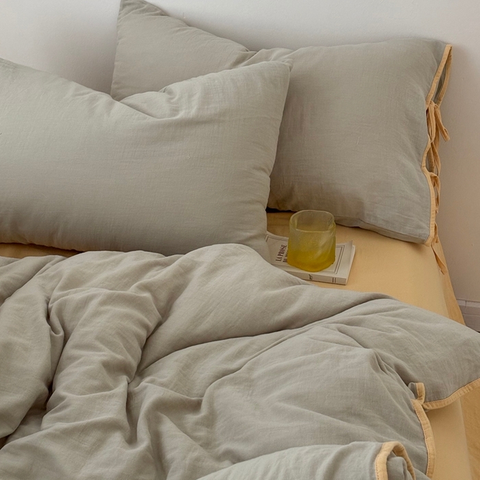 91家纺网 家纺一手货源 找家纺 FORTWO家纺原创设计（FOR TWO家纺） 2025新款双层纱撞色包边蝴蝶结款四件套-海盐 海盐-蜜豆绿