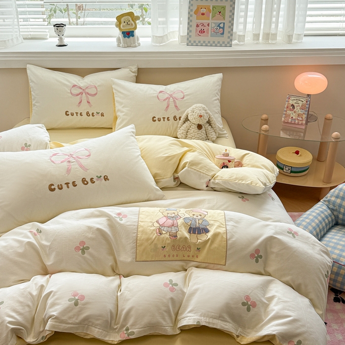 91家纺网 家纺一手货源 找家纺 慕尚家纺 2025新款全棉印花毛巾绣工艺款四件套 小熊派对