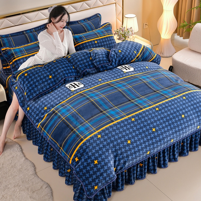 91家纺网 家纺一手货源 找家纺 （总） 妮恒美 2025新款牛奶绒印花床裙款四件套法莱绒四件套珊瑚金貂绒四件套