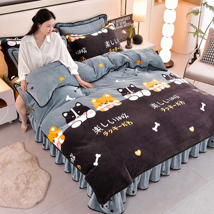 91家纺网 家纺一手货源 找家纺 （总） 妮恒美 2025新款牛奶绒印花床裙款四件套法莱绒四件套珊瑚金貂绒四件套