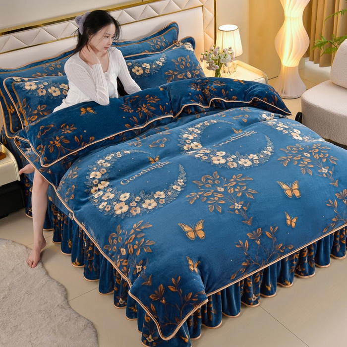 91家纺网 家纺一手货源 找家纺 （总） 妮恒美 2025新款牛奶绒印花床裙款四件套法莱绒四件套珊瑚金貂绒四件套