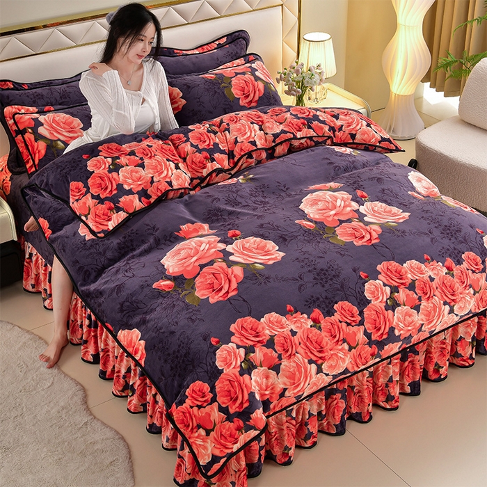 91家纺网 家纺一手货源 找家纺 （总） 妮恒美 2025新款牛奶绒印花床裙款四件套法莱绒四件套珊瑚金貂绒四件套