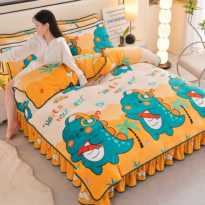 91家纺网 家纺一手货源 找家纺 （总） 妮恒美 2025新款牛奶绒印花床裙款四件套法莱绒四件套珊瑚金貂绒四件套