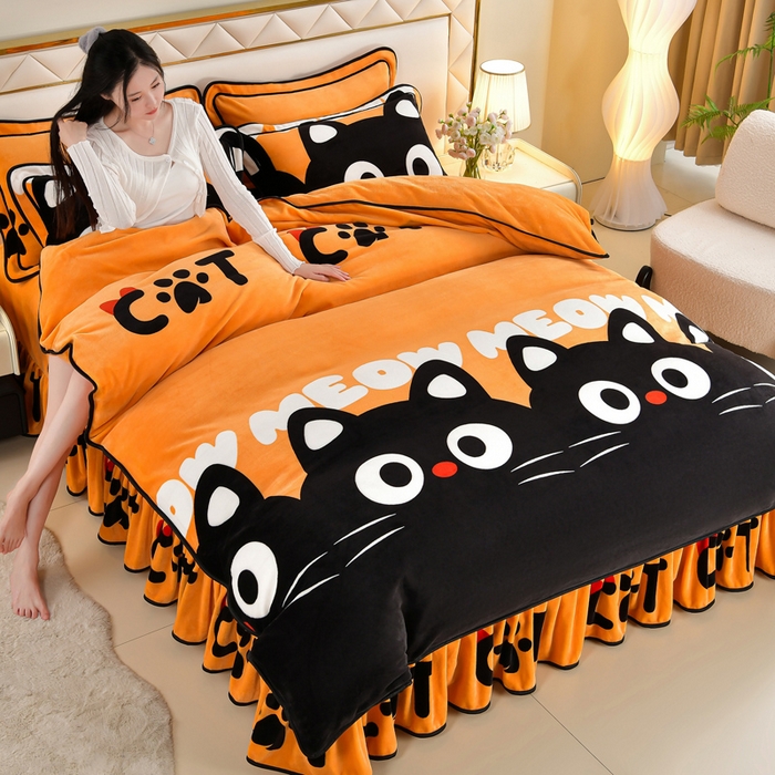 91家纺网 家纺一手货源 找家纺 （总） 妮恒美 2025新款牛奶绒印花床裙款四件套法莱绒四件套珊瑚金貂绒四件套