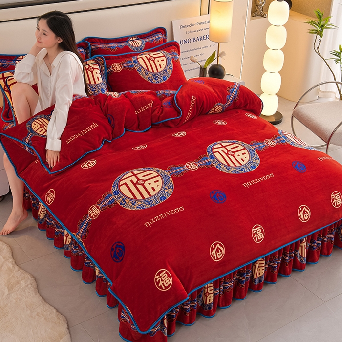 91家纺网 家纺一手货源 找家纺 （总） 妮恒美 2025新款牛奶绒印花床裙款四件套法莱绒四件套珊瑚金貂绒四件套