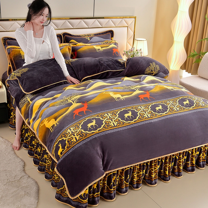 91家纺网 家纺一手货源 找家纺 （总） 妮恒美 2025新款牛奶绒印花床裙款四件套法莱绒四件套珊瑚金貂绒四件套