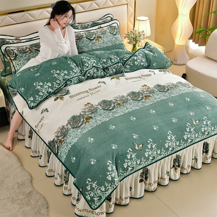 91家纺网 家纺一手货源 找家纺 （总） 妮恒美 2025新款牛奶绒印花床裙款四件套法莱绒四件套珊瑚金貂绒四件套