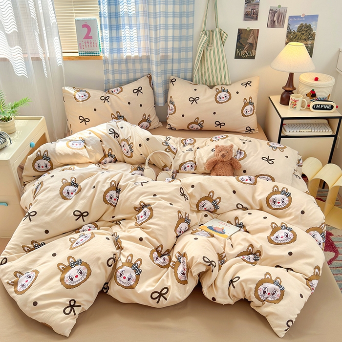 91家纺网 家纺一手货源 找家纺 罗亿家纺 2025新款软绵绵的双拼印花小清新水洗云朵棉四件套（含买家秀场景二）精灵首领