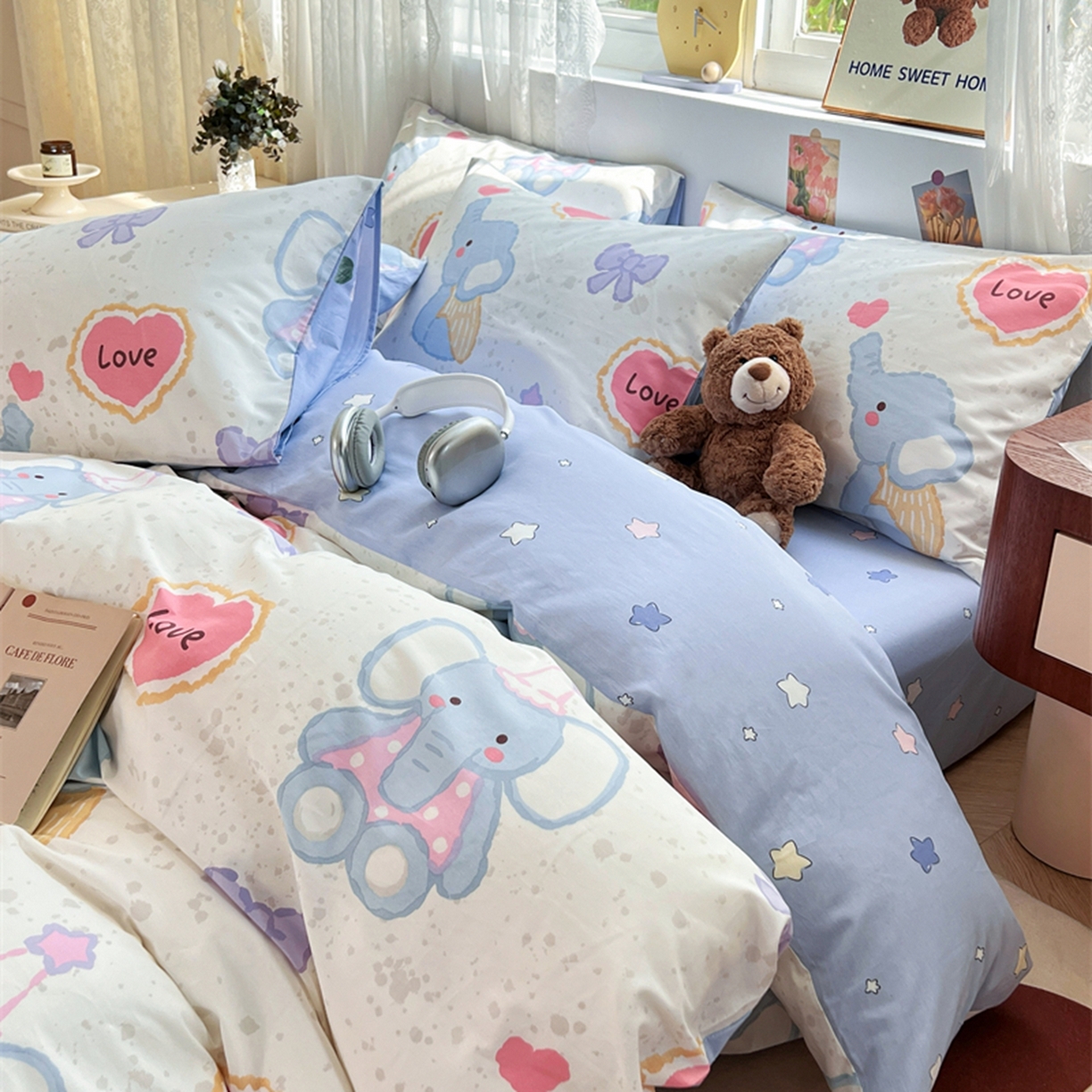 91家纺网 家纺一手货源 找家纺 红馆 2025年全棉12868印花系列四件套 爱心小象