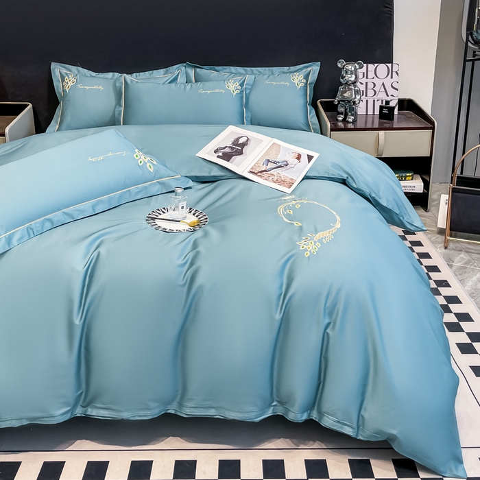 91家纺网 家纺一手货源 找家纺 艾迪尚家纺 2025新款120支刺绣长绒棉四六件套（新拍）-四六件套 孔雀-宾利蓝