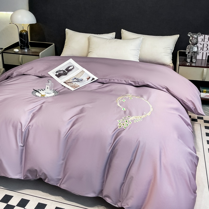 91家纺网 家纺一手货源 找家纺 艾迪尚家纺 2025新款120支刺绣长绒棉四六件套（新拍）-四六件套 孔雀-罗兰紫