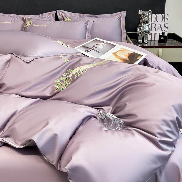 91家纺网 家纺一手货源 找家纺 艾迪尚家纺 2025新款120支刺绣长绒棉四六件套（新拍）-四六件套 孔雀-罗兰紫