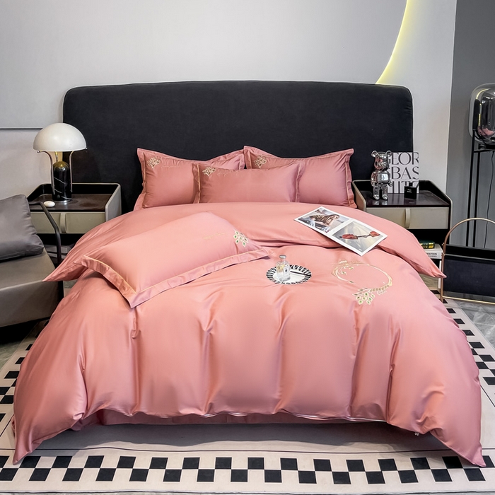 艾迪尚家纺 2025新款120支刺绣长绒棉四六件套（新拍）-四六件套 孔雀-胭脂红