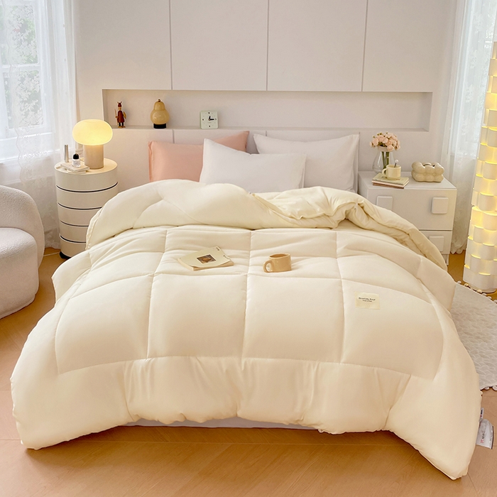 91家纺网 家纺一手货源 找家纺 VIP被业 2025新款磨毛二合一扣子款四季子母被学生冬被被子被芯 米色