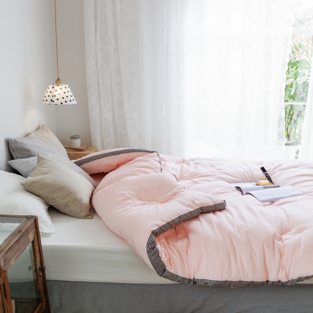 91家纺网 家纺一手货源 找家纺 VIP被业 2025新款新疆棉花千鸟格立体秋冬被全棉水洗棉被子被芯 胭脂粉