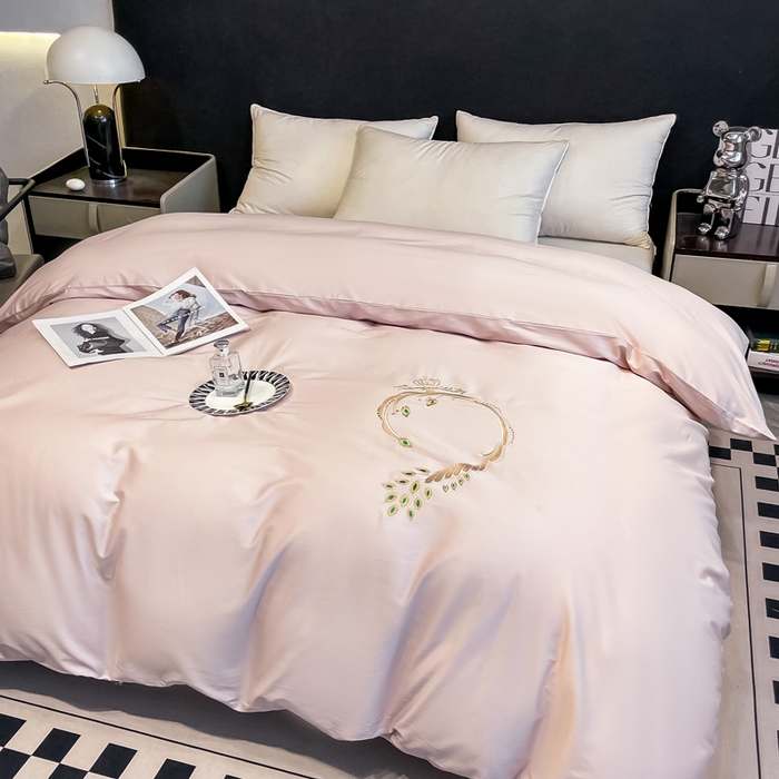 艾迪尚家纺 2025新款120支刺绣长绒棉四六件套（新拍）-单被套 孔雀-豆沙粉