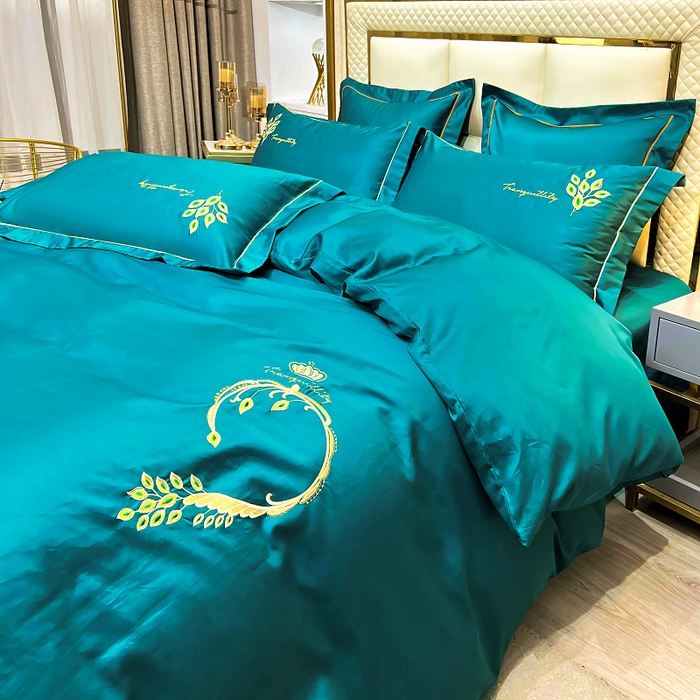 91家纺网 家纺一手货源 找家纺 艾迪尚家纺 2025新款120支刺绣长绒棉四六件套（新拍）-单被套 孔雀-月光蓝