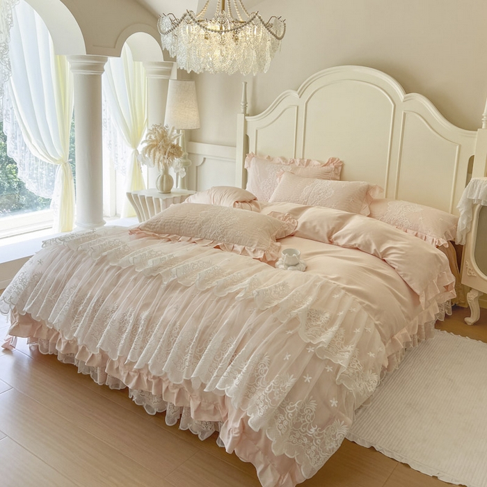 91家纺网 家纺一手货源 找家纺 恋尚 2025新款60S贡缎长绒棉全棉纯棉拉链可拆卸床笠款床裙四件套-曼莉系列 曼莉-梦幻粉