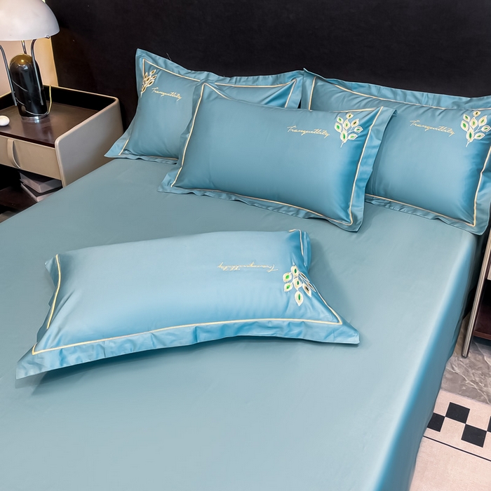 91家纺网 家纺一手货源 找家纺 艾迪尚家纺 2025新款120支刺绣长绒棉四六件套（新拍）-枕套 孔雀-宾利蓝