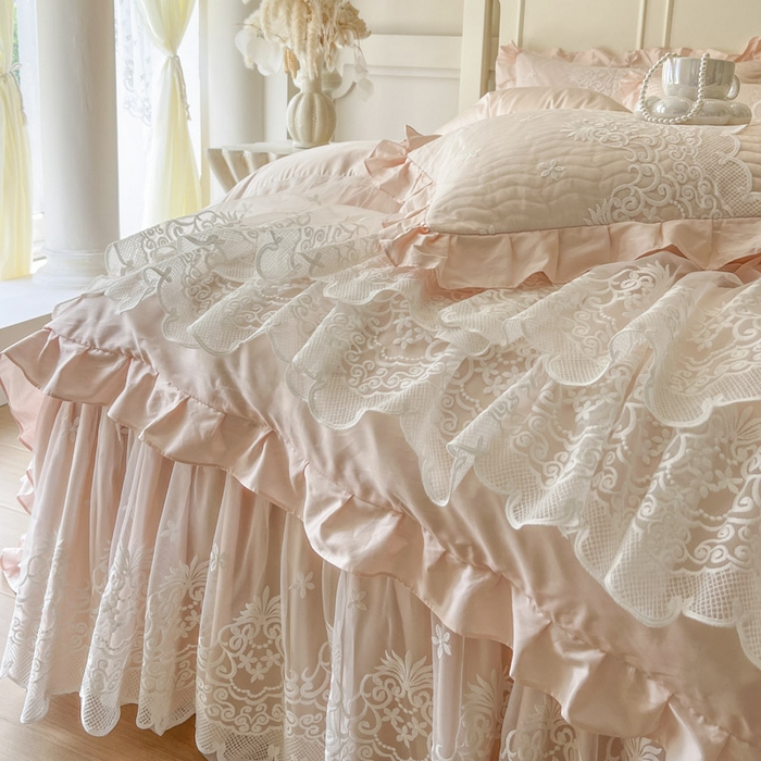 91家纺网 家纺一手货源 找家纺 恋尚 2025新款60S贡缎长绒棉全棉纯棉拉链可拆卸床笠款床裙四件套-曼莉系列 曼莉-梦幻粉