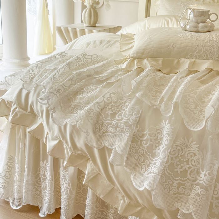 91家纺网 家纺一手货源 找家纺 恋尚 2025新款60S贡缎长绒棉全棉纯棉拉链可拆卸床笠款床裙四件套-曼莉系列 曼莉-奶油黄